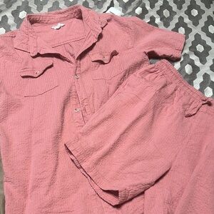 Coral Button-Up Shirt and Shorts Set